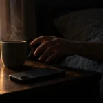 A hand reaching for a morning coffee past a phone lying face down on a nightstand