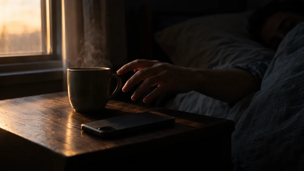 A hand reaching for a morning coffee past a phone lying face down on a nightstand