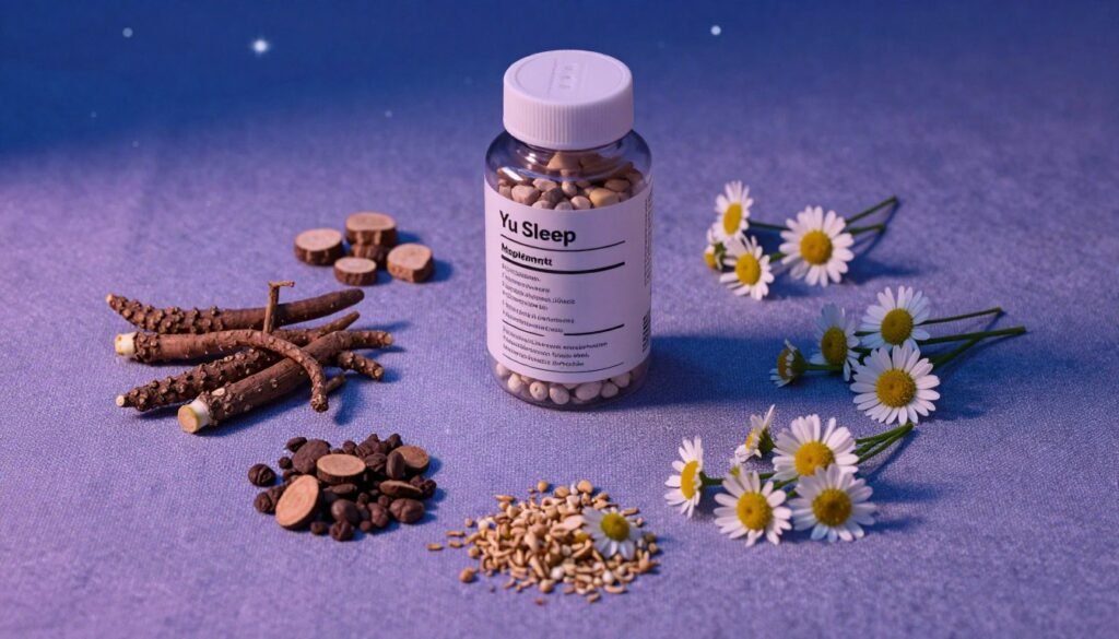 A detailed flat lay of Yu Sleep supplement ingredients and supplement facts, featuring a variety of natural components like melatonin, valerian root, and chamomile flowers artistically arranged on a soft, textured fabric background. In the background, a serene night scene with faint star patterns and a gentle gradient of deep blues and purples sets a calming atmosphere. Utilize soft, diffused lighting to cast gentle shadows and highlight the vibrant colors of the ingredients. Capture the scene from a slight overhead angle to provide depth while ensuring each ingredient's details are clearly visible. The overall mood should be tranquil and inviting, perfect for promoting restful nights.