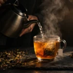 Hot water poured from a kettle over a tea bag in a glass cup, loose dried herbs scattered on a dark counter