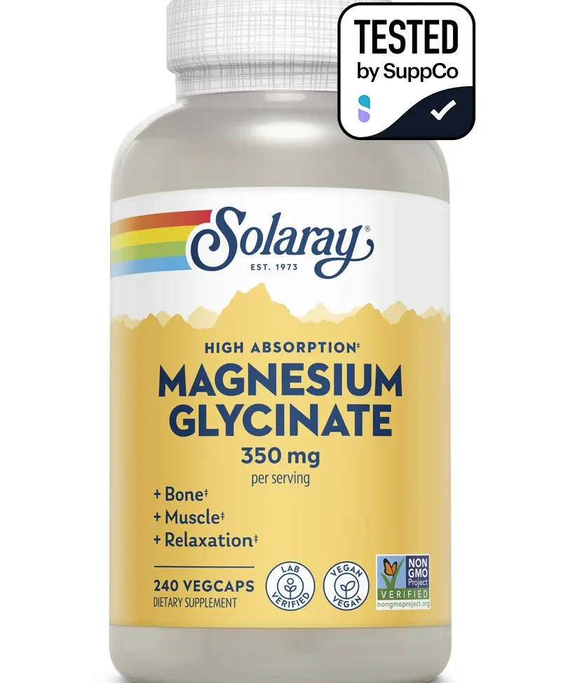 Solaray Magnesium Glycinate 350 mg, 240 count, the cheapest per 100 mg of the brands compared