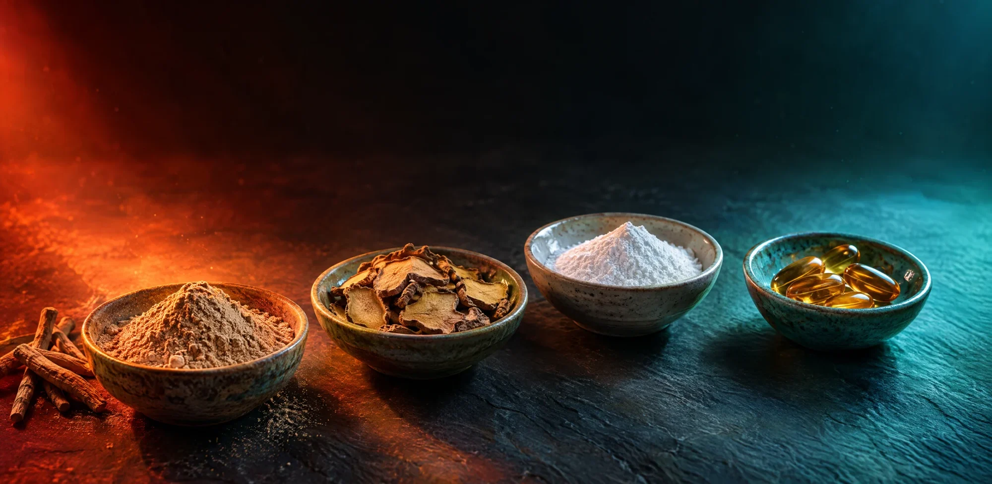 Four ceramic dishes of ashwagandha powder, rhodiola root, magnesium powder and softgels lit from tense red to calm teal light
