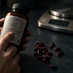 Hands holding a supplement bottle turned to its Supplement Facts panel, capsules and a kitchen scale on a dark counter