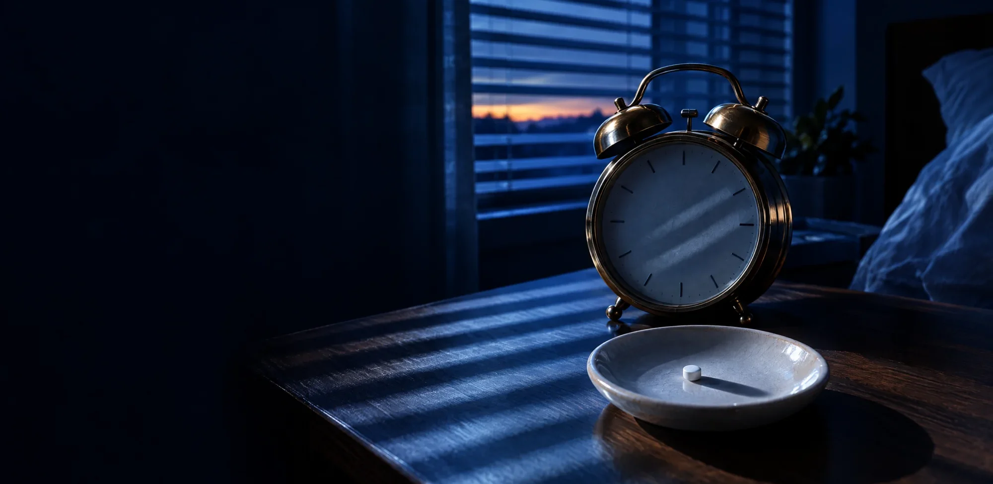 A brass alarm clock and a small ceramic dish on a moonlit bedside table, dawn breaking through the blinds