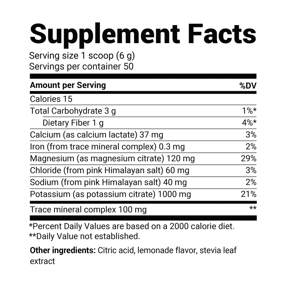 Supplement panel for Dr. Berg Electrolyte Powder showing 1,000 mg potassium and 40 mg sodium per serving