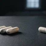 Three 1,000 mg capsules grouped together beside a single capsule on a dark bedside table, showing the 3 g dose of glycine for sleep used in the clinical trials
