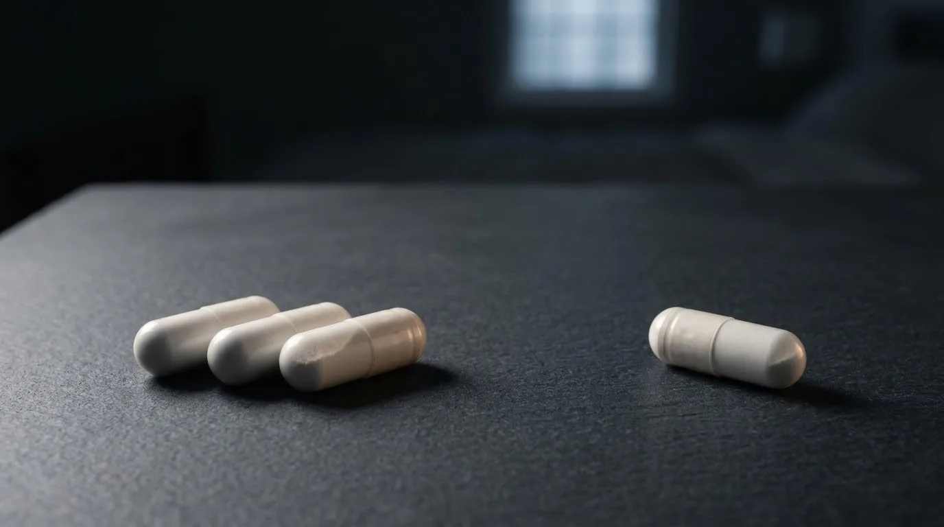 Three 1,000 mg capsules grouped together beside a single capsule on a dark bedside table, showing the 3 g dose of glycine for sleep used in the clinical trials