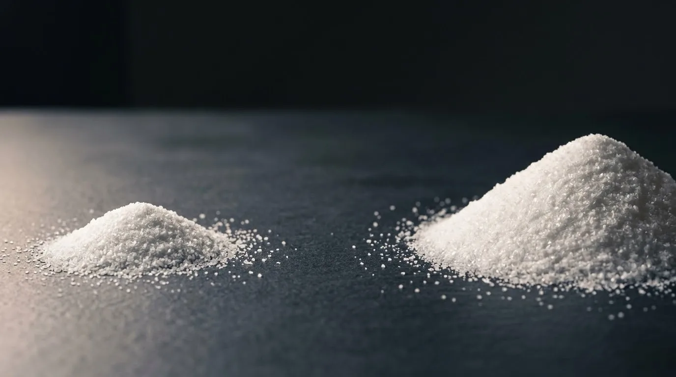 Two heaps of identical white powder on a dark surface, the left one visibly smaller, showing how much less glycine a magnesium glycinate dose delivers than the 3 g studied dose