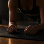 A person holding a plank position on an exercise mat in a living room at dawn