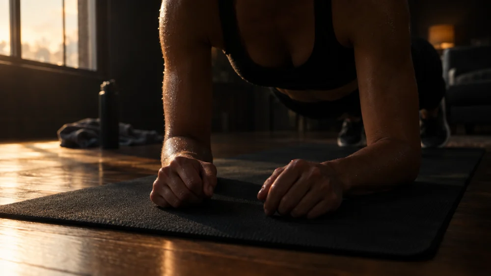 A person holding a plank position on an exercise mat in a living room at dawn