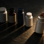 A hand drawing one unlabelled supplement bottle forward from a row of six on a dark counter
