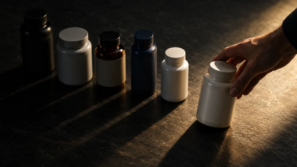 A hand drawing one unlabelled supplement bottle forward from a row of six on a dark counter