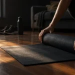 Hands unrolling an exercise mat across a wooden floor in a living room at dawn