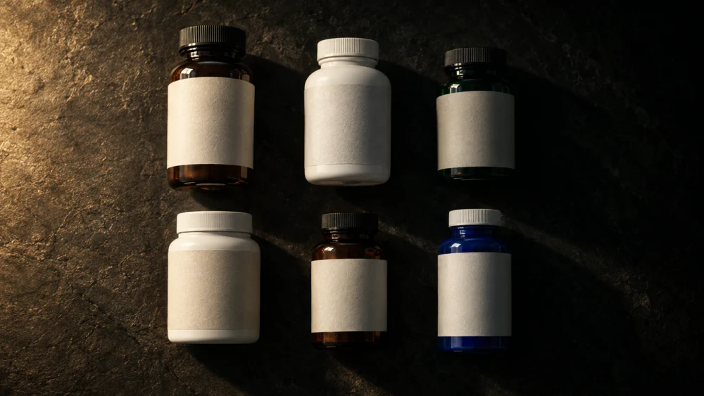 Six unlabelled supplement bottles laid out in two rows on a dark slate surface, their blank label panels facing up