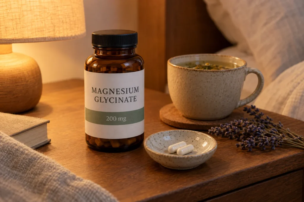 A bottle of magnesium glycinate with two capsules and a cup of herbal tea on a nightstand