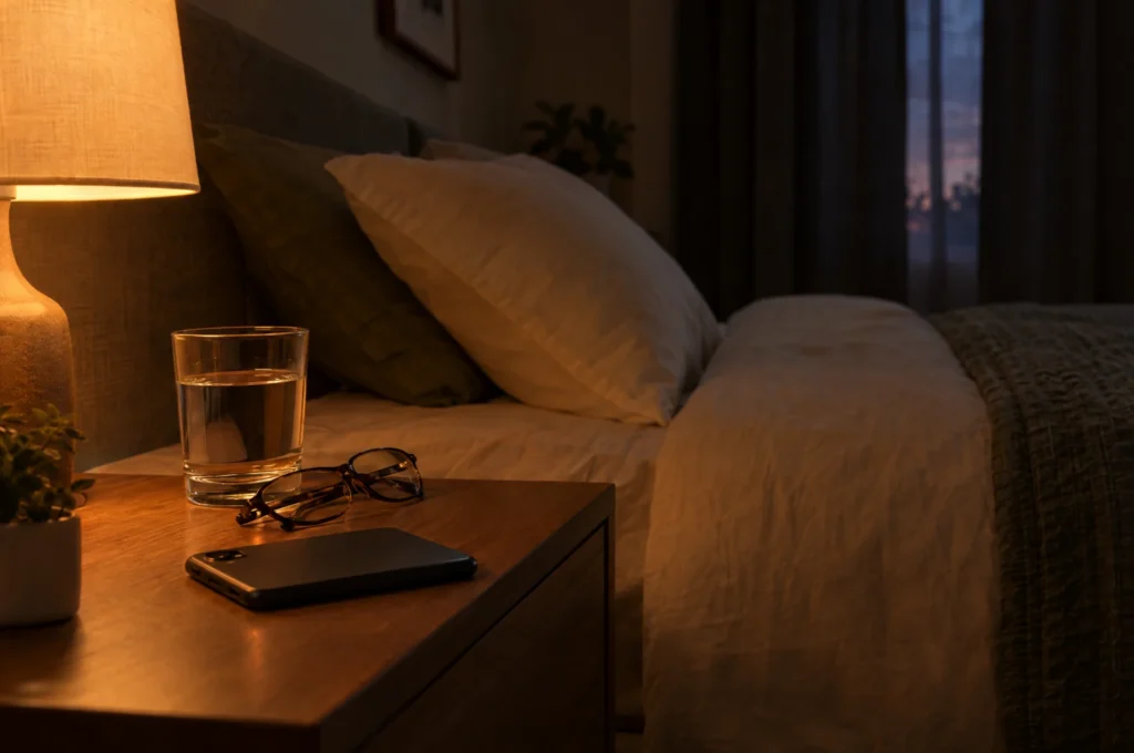 A smartphone placed face down on a nightstand in a dim bedroom before sleep