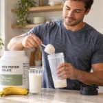 A man scooping whey protein isolate into a shaker bottle in his kitchen after a workout