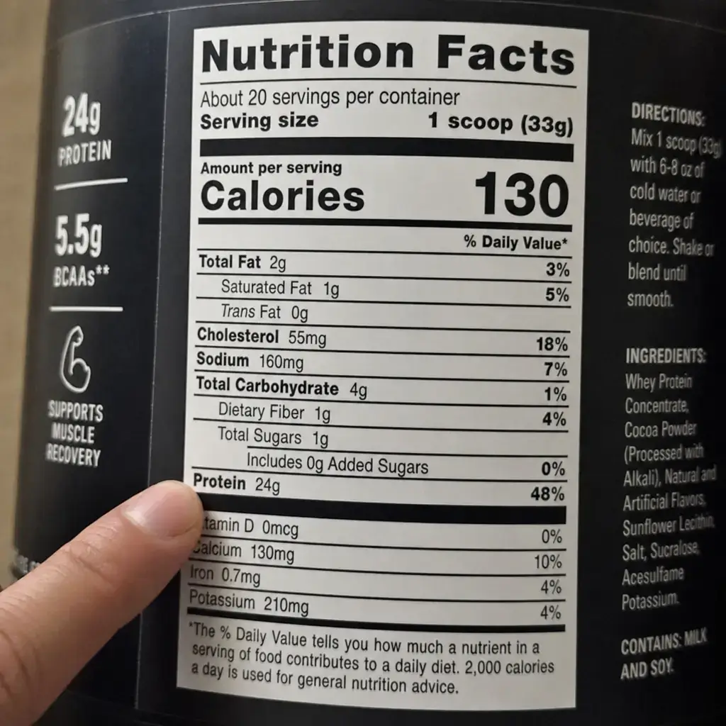 Close-up of a protein powder nutrition label being checked before buying
