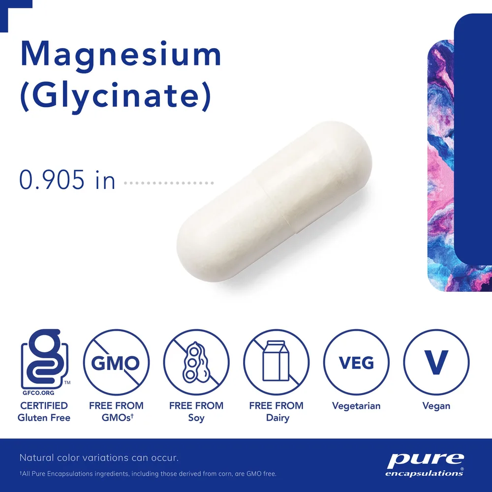 Supplement Facts panel for Pure Encapsulations Magnesium Glycinate, showing 120 mg of magnesium per capsule