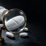 A brass magnifying glass enlarging a large oval magnesium tablet beside an unlabeled supplement bottle
