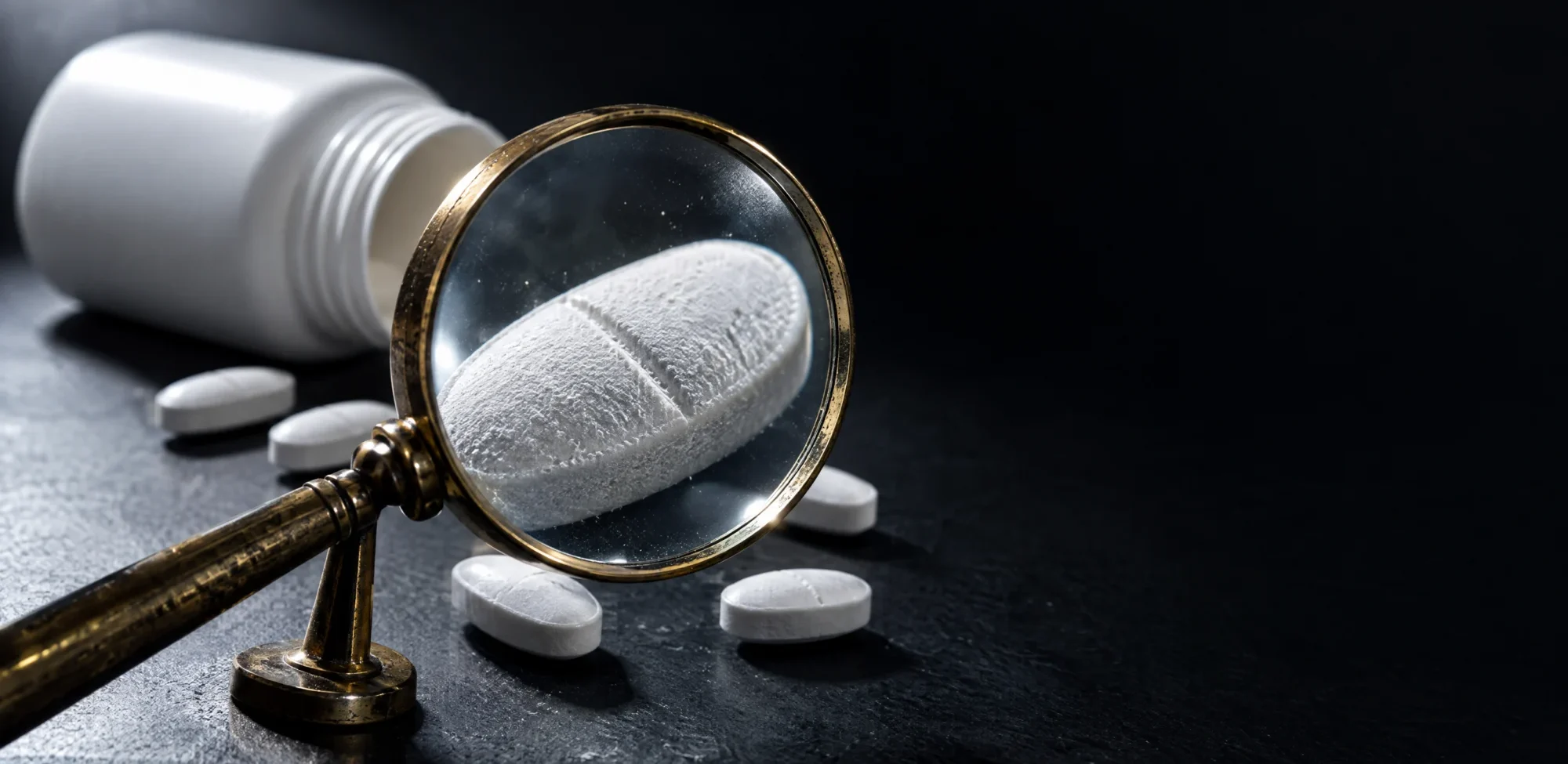 A brass magnifying glass enlarging a large oval magnesium tablet beside an unlabeled supplement bottle