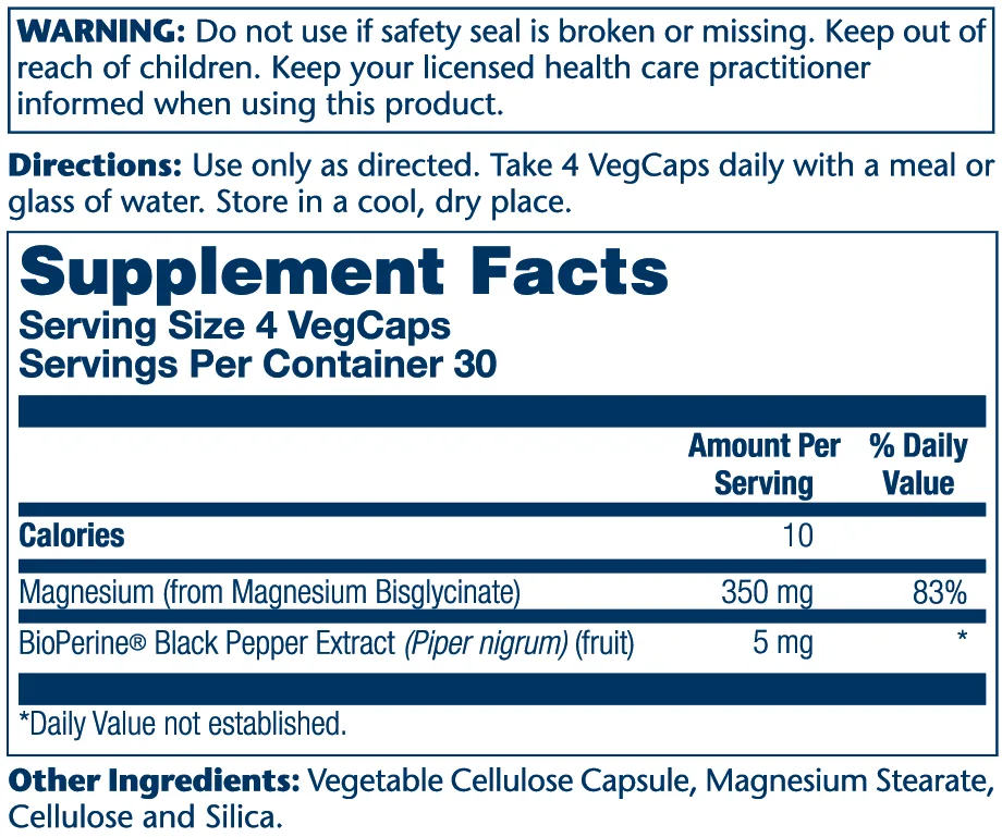 Supplement Facts panel for Solaray Magnesium Glycinate 350 mg, showing a four-capsule serving