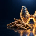 A glowing glass butterfly, the symbol of the thyroid gland, beside dried ashwagandha roots