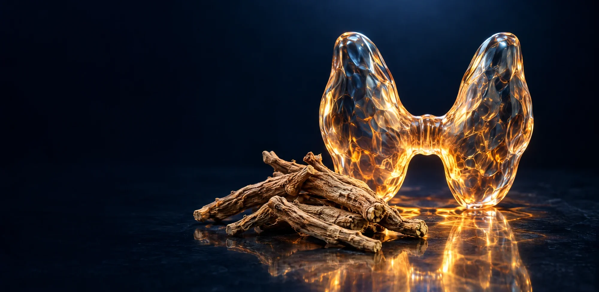A glowing glass butterfly, the symbol of the thyroid gland, beside dried ashwagandha roots