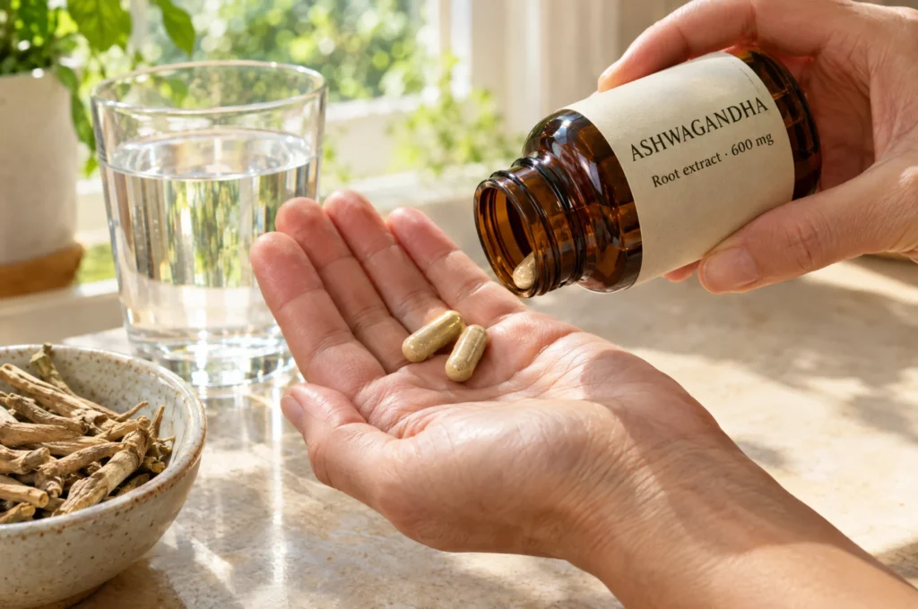 Ashwagandha capsules being poured into an open palm