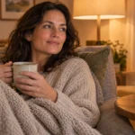 A woman relaxing on her sofa in the evening with a cup of tea and a bottle of ashwagandha root extract