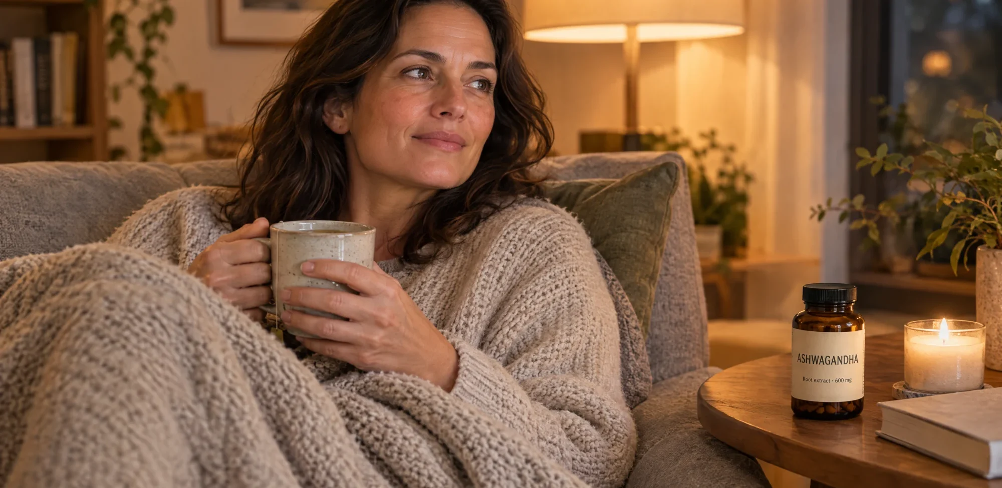 A woman relaxing on her sofa in the evening with a cup of tea and a bottle of ashwagandha root extract