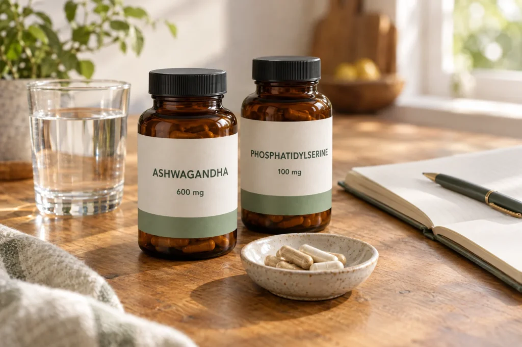Bottles of ashwagandha and phosphatidylserine on a kitchen table with a notebook