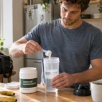 A man in his 30s adding creatine monohydrate to a shaker in his kitchen after a workout