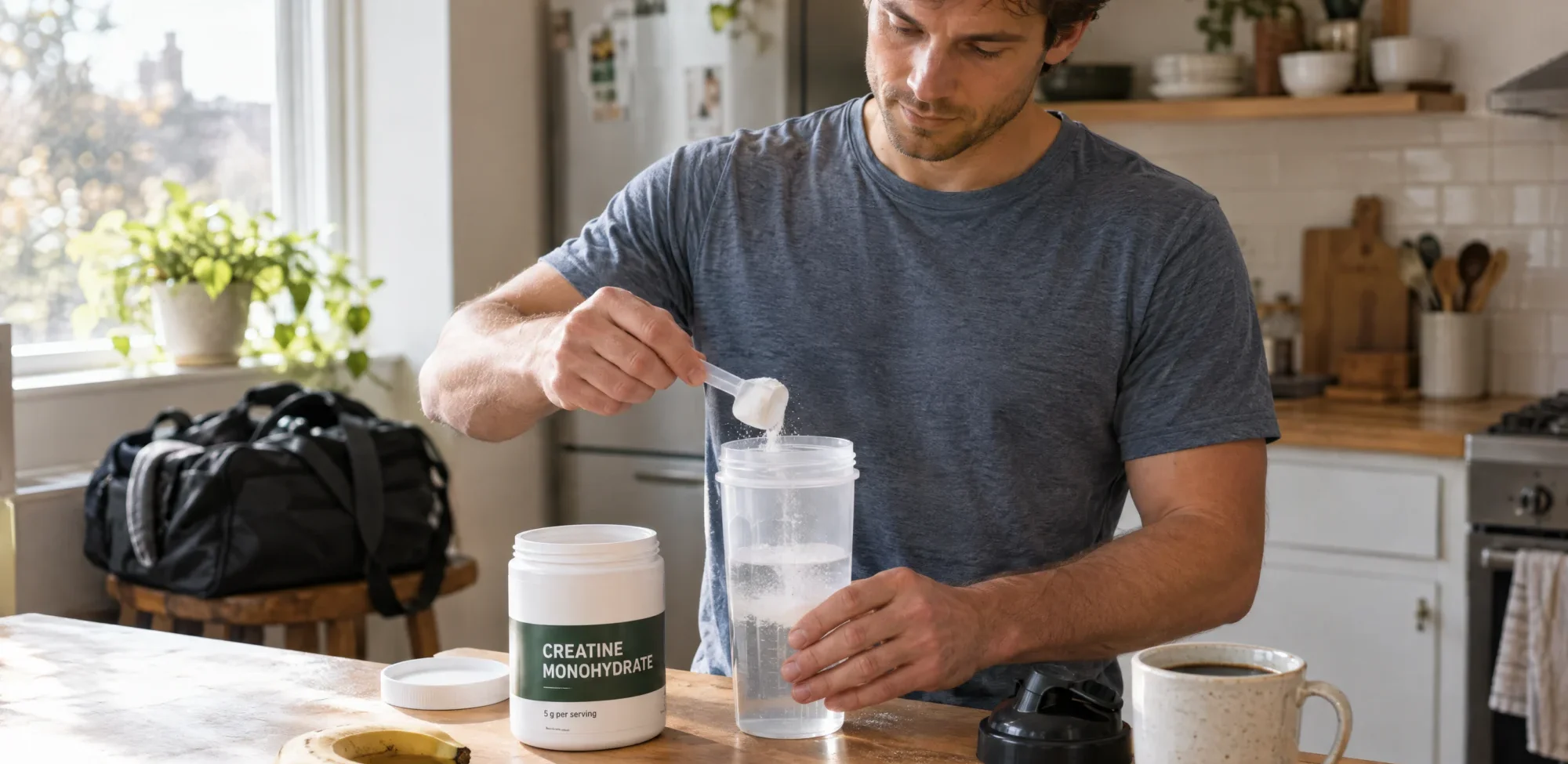 A man in his 30s adding creatine monohydrate to a shaker in his kitchen after a workout