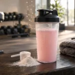 A shaker of pink pre-workout drink and a scoop of white powder on a gym bench