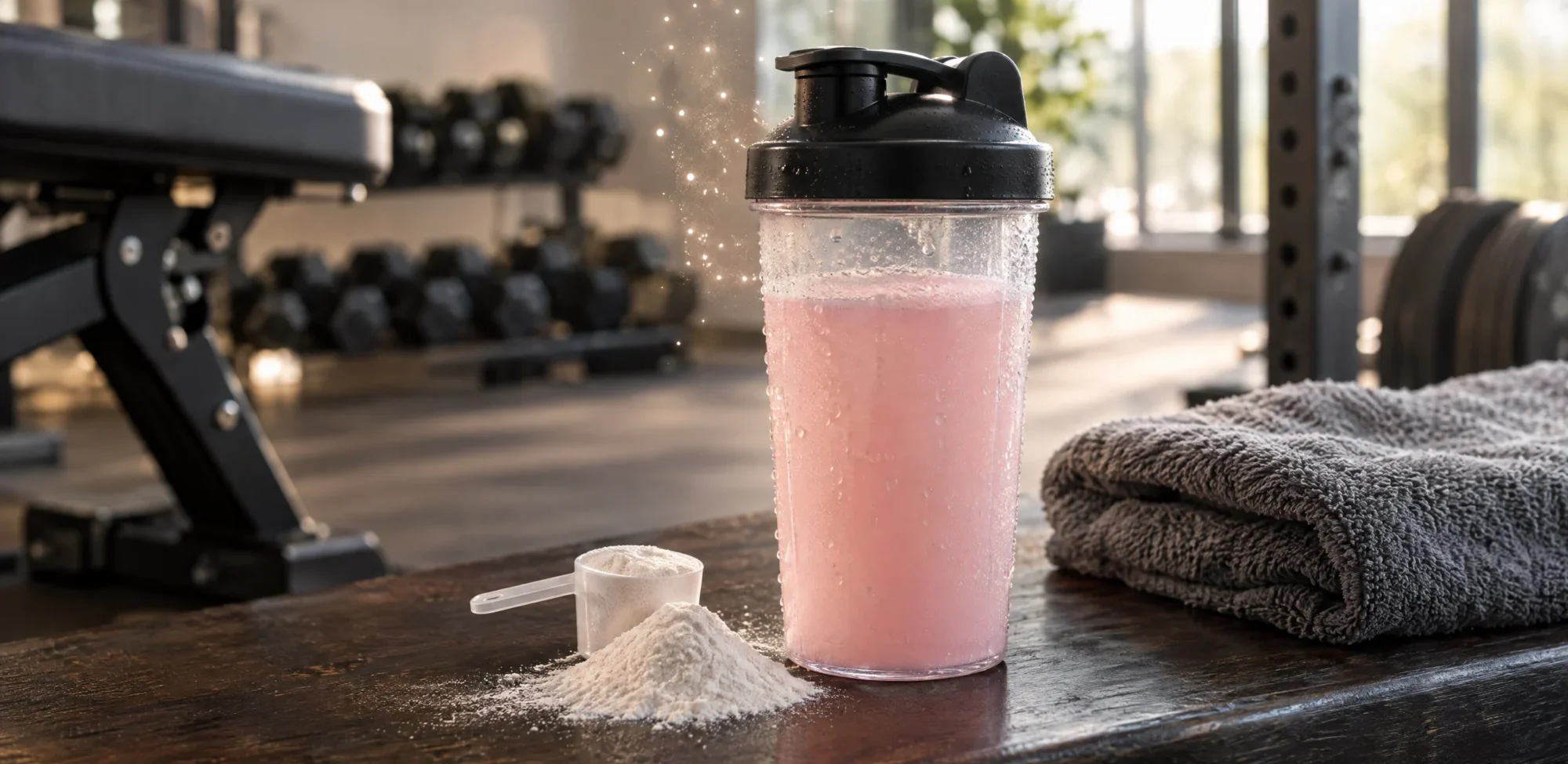 A shaker of pink pre-workout drink and a scoop of white powder on a gym bench