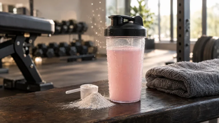 A shaker of pink pre-workout drink and a scoop of white powder on a gym bench