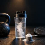 A shaker of dissolving creatine between a kettlebell and a clock in a dark home gym