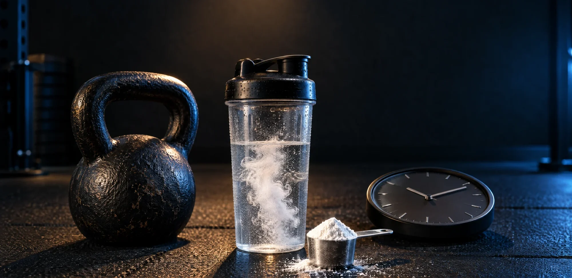 A shaker of dissolving creatine between a kettlebell and a clock in a dark home gym