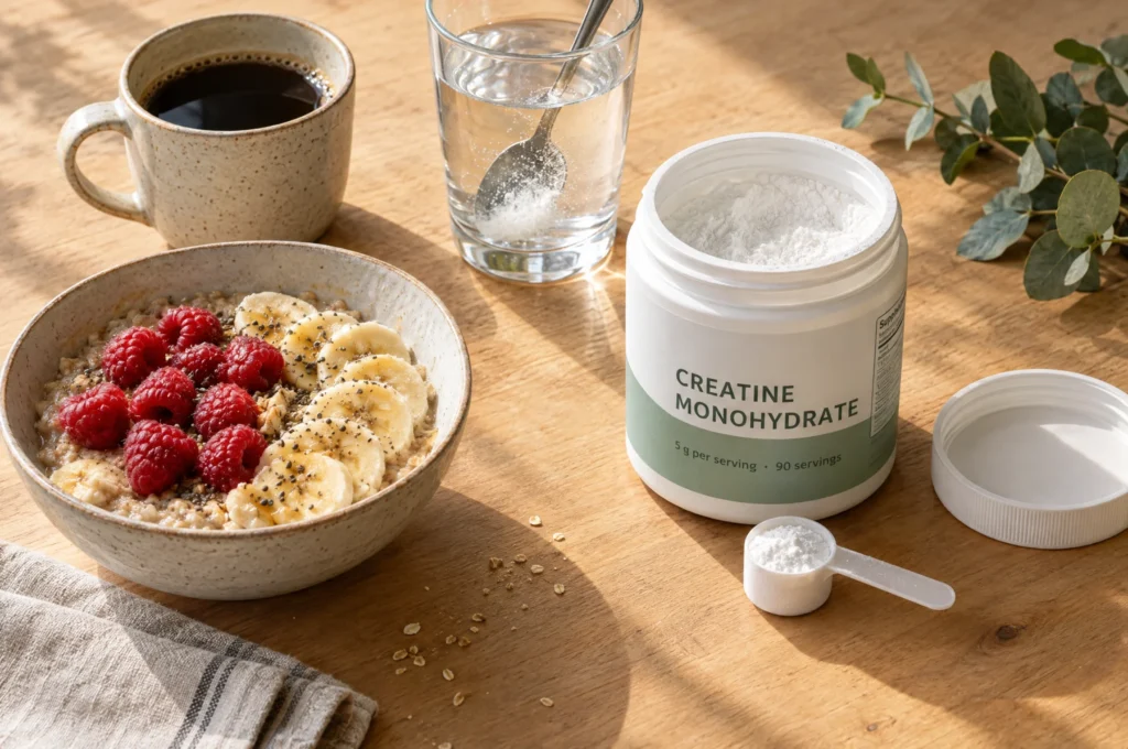 A breakfast table with oatmeal, coffee, a glass of water and a tub of creatine monohydrate