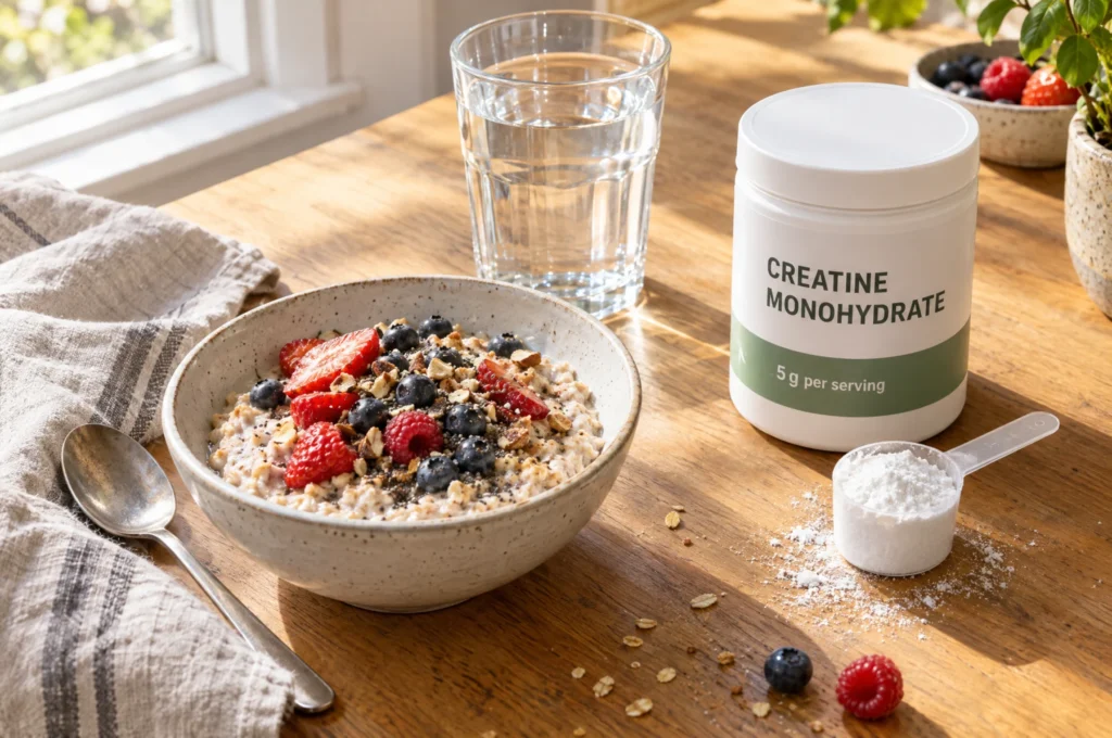 Breakfast table with oatmeal, a glass of water and a scoop of creatine monohydrate