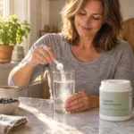 A woman in her 40s stirring creatine monohydrate powder into water in a sunny kitchen