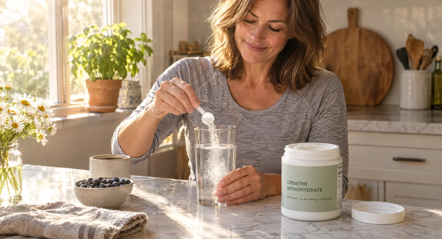 A woman in her 40s stirring creatine monohydrate powder into water in a sunny kitchen