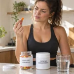 A woman holding a creatine gummy in her kitchen next to a jar of creatine gummies and a tub of creatine powder