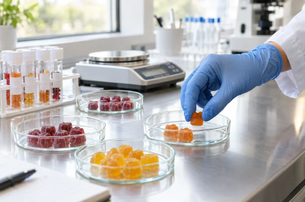 Creatine gummies in petri dishes on a lab bench being prepared for testing
