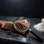 Strands of hair caught in a wooden comb under a magnifying glass, next to a scoop of creatine powder