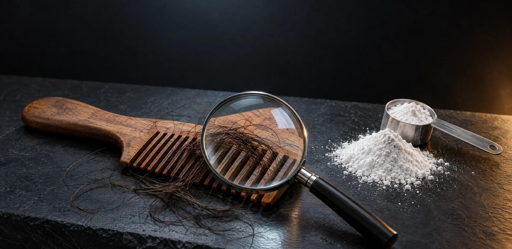 Strands of hair caught in a wooden comb under a magnifying glass, next to a scoop of creatine powder