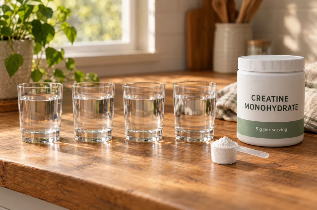 Four glasses of water and a scoop of creatine, showing a loading dose split into four servings
