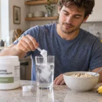 A man mixing a scoop of creatine monohydrate into a glass of water in his kitchen