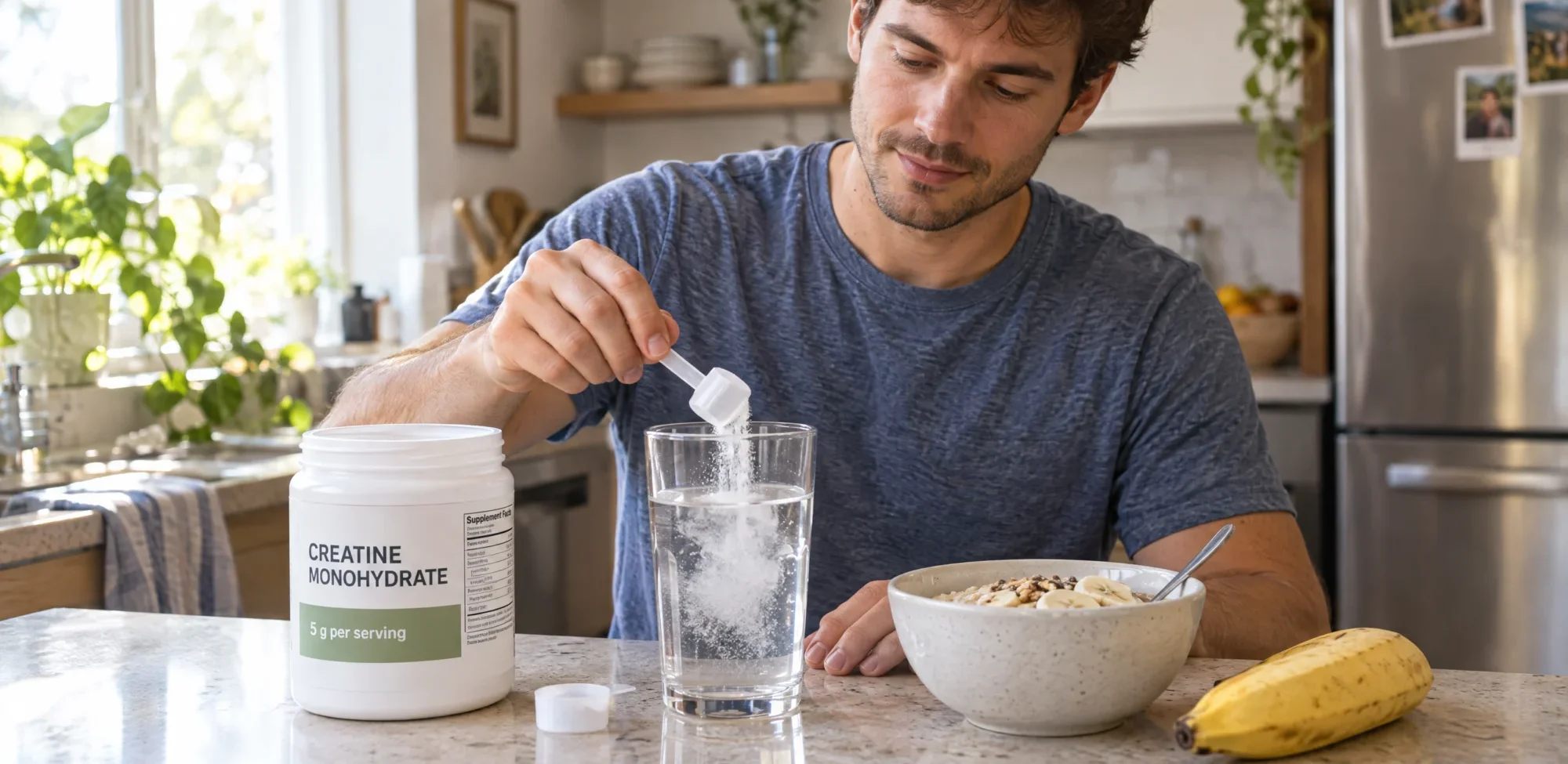 A man mixing a scoop of creatine monohydrate into a glass of water in his kitchen